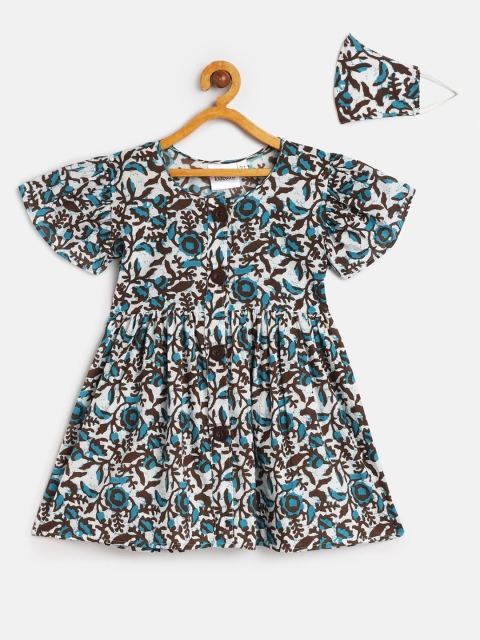 

kidcetra Girls Blue Printed Fit and Flare Dress with Mask