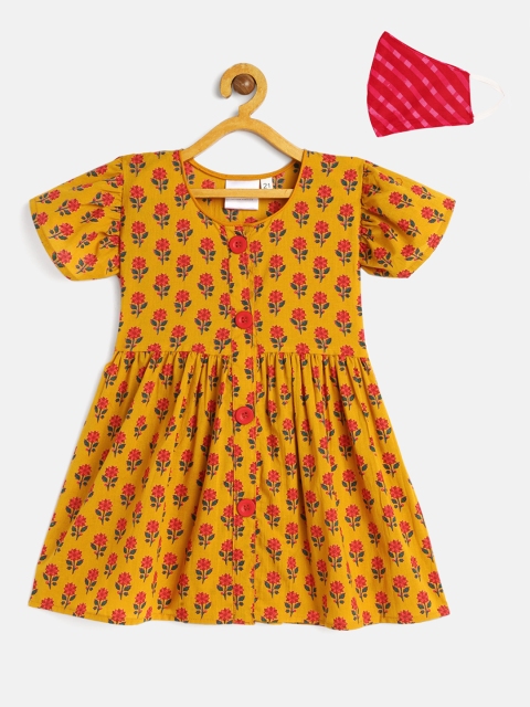 

kidcetra Girls Mustard Yellow & Red Printed Fit and Flare Dress With Masks