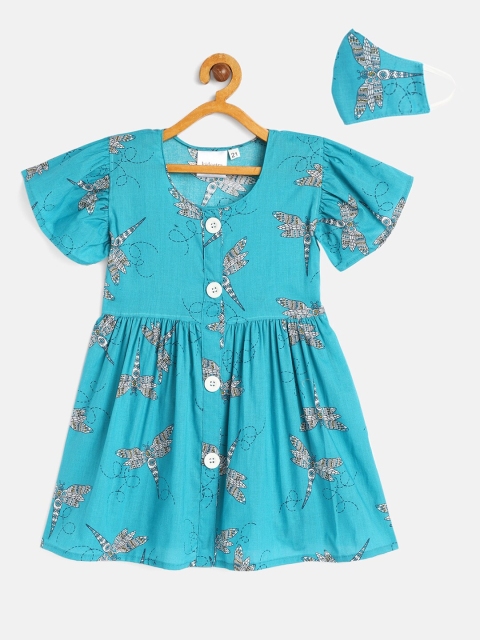 

kidcetra Girls Blue Printed Cotton Fit and Flare Dress with Mask