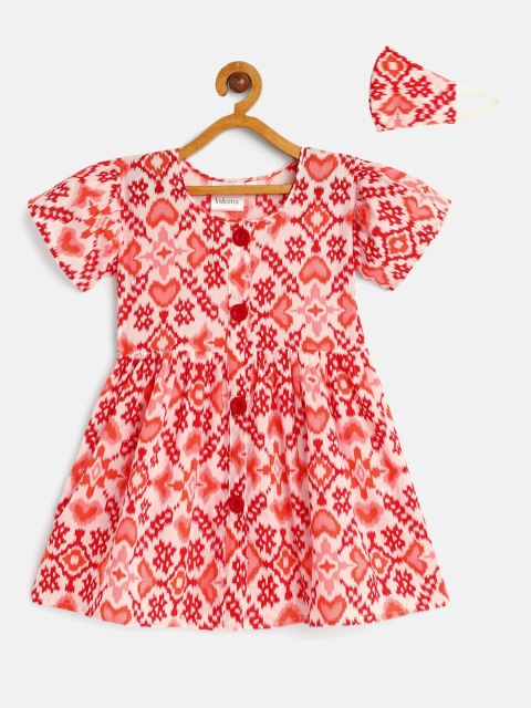 

kidcetra Girls Pink & Red Printed Cotton Fit and Flare Dress With Mask