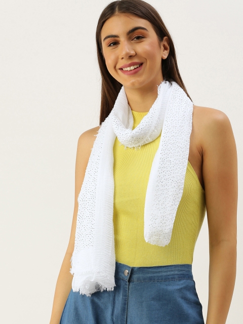 

Ayesha Women White Solid Scarf with Embellished Border