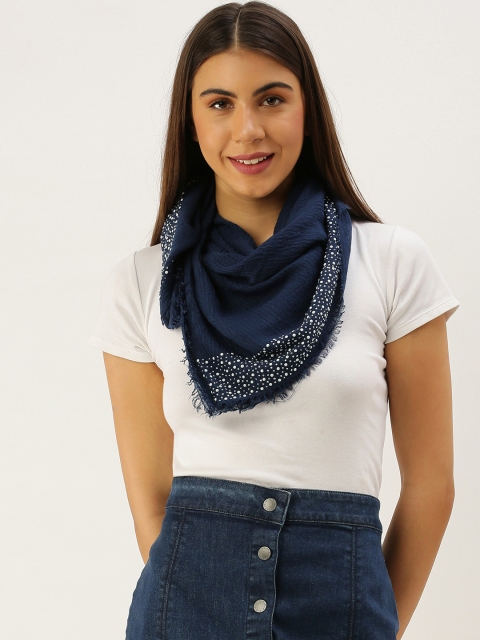 

Ayesha Women Navy Blue Solid Scarf with Embellished Border