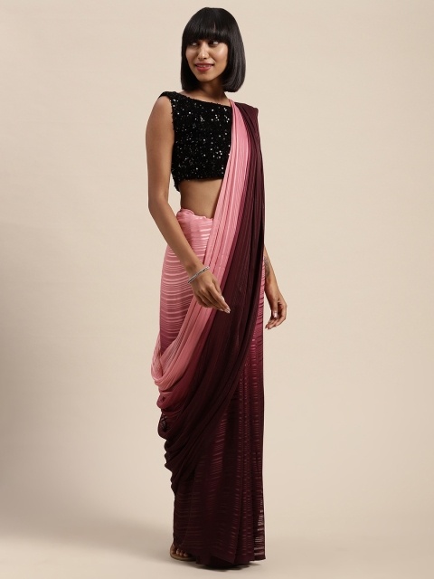 

Saree mall Pink & Burgundy Pure Georgette Striped Saree