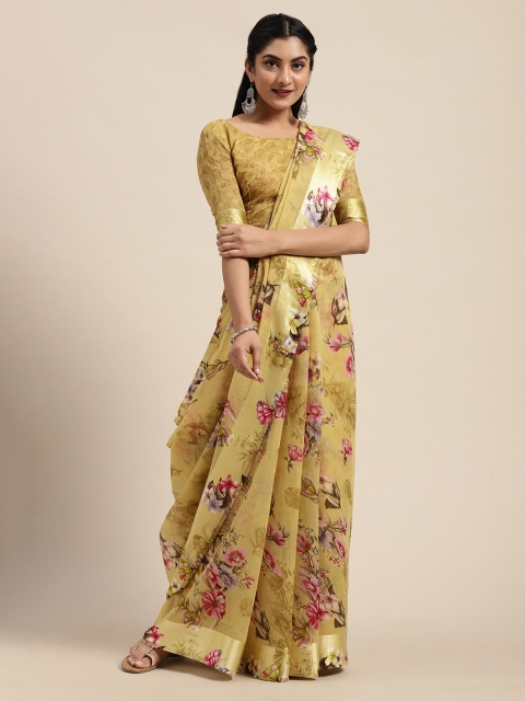 

Saree mall Mustard Yellow Linen Blend Floral Printed Saree