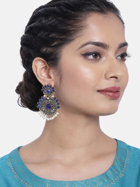 

Ayesha Antique Blue & Gold-Toned Rhinestone & Pearl Drop Earrings