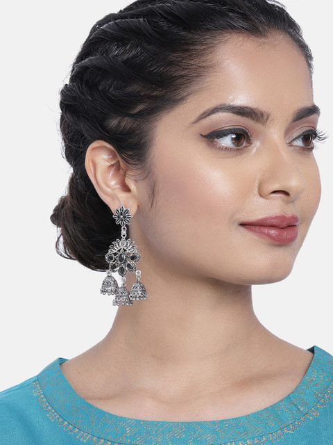 

Ayesha Oxidized Silver-Toned & Black Studded Classic Jhumkas