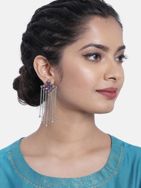 

Ayesha Pink & Silver-Toned Tasselled Classic Drop Earrings