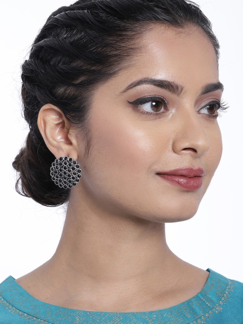 

Ayesha Black & Silver-Toned Stone Studded Circular Oversized Studs