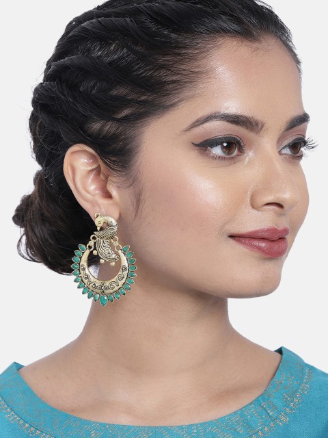 

Ayesha Antique Gold-Toned & Green Studded Classic Drop Earrings