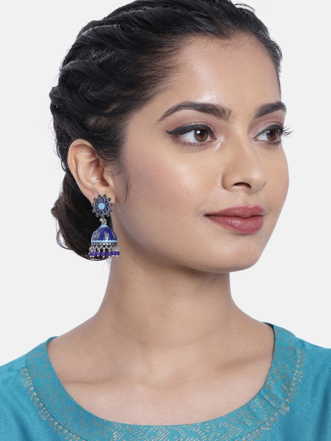 

Ayesha Blue Enamelled Oxidized Silver-Toned Dome Shaped Jhumkas