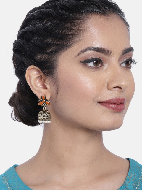 

Ayesha Antique Gold-Toned & Orange Ethnic Rhinestone & Pearl Jhumki Earrings