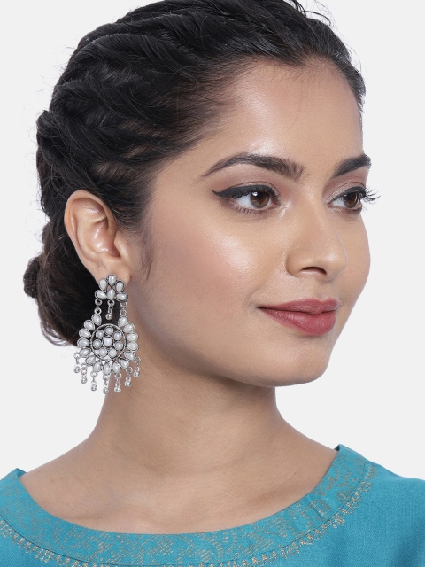

Ayesha Oxidized Silver-Toned & White Classic Drop Earrings