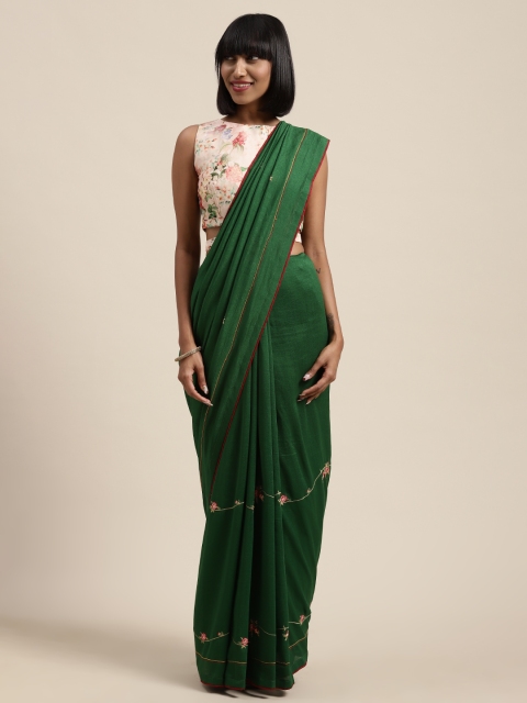 

Shaily Green Solid Silk Blend Saree With Embroidered