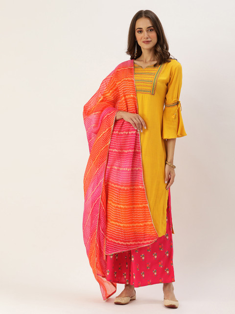 

Varanga Women Mustard Yellow & Pink Embroidered Bell Sleeves Kurta with Palazzos & Dupatta