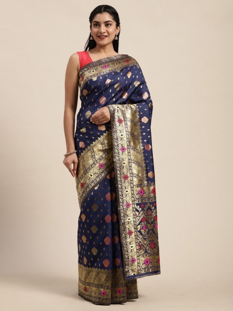 

Saree mall Navy Blue & Gold-Toned Silk Blend Woven Design Baluchari Saree