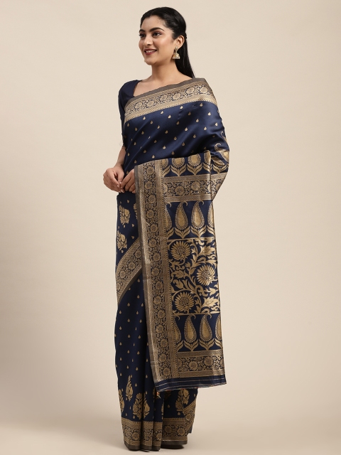 

Saree mall Navy Blue & Gold-Toned Silk Blend Woven Design Banarasi Saree