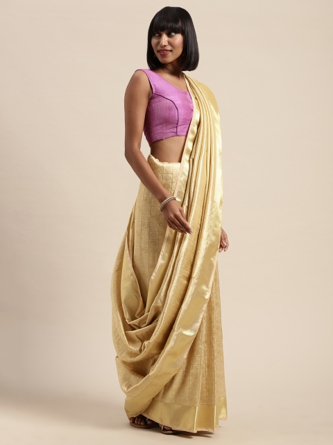 

Mitera Cream-Coloured & Gold-Toned Art Silk Woven Design Kanjeevaram Saree