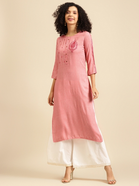 

FASHOR Women Pink Ethnic Motifs Embroidered Thread Work Kurta