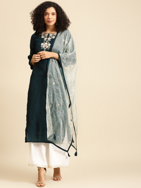

FASHOR Women Teal Green & Golden Ethnic Motifs Yoke Design Kurta With Dupatta