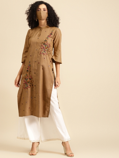 

FASHOR Women Brown Ethnic Motifs Embroidered Bell Sleeves Thread Work Kurta