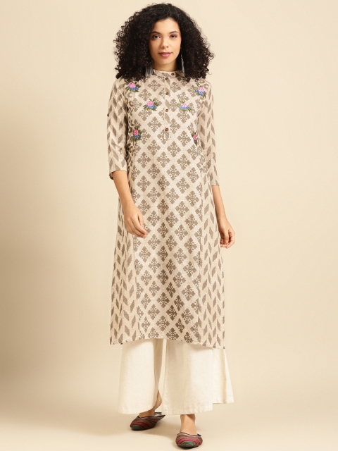 

FASHOR Women Beige & Brown Ethnic Motifs Printed Thread Work Kurta