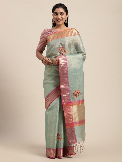 

Soch Turquoise Blue & Pink Silk Blend Embroidered Chanderi Saree