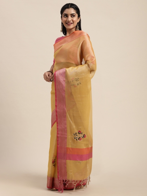 

Soch Mustard Yellow & Pink Silk Blend Embroidered Chanderi Saree