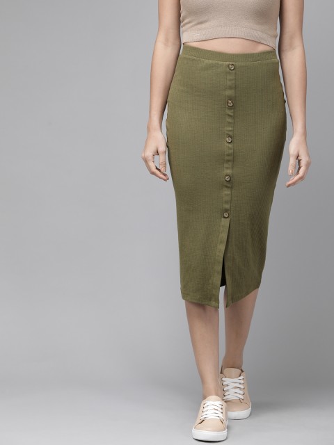 

Roadster Olive Green Ribbed Pencil Midi Skirt