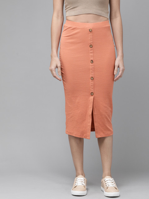 

Roadster Women Peach-Colour Ribbed Pencil Midi Skirt