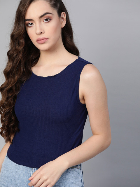 

Roadster Navy Blue Ribbed Pure Cotton Crop Fitted Top