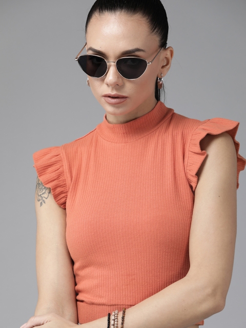 

Roadster Peach-Coloured Ribbed Ruffled Fitted Crop Top