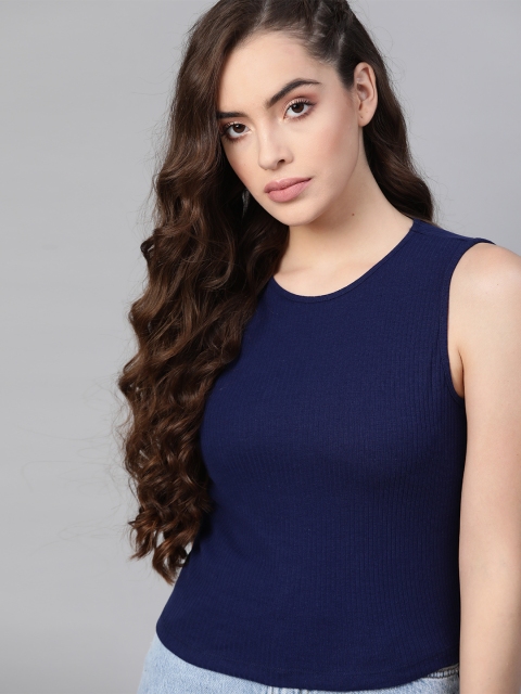 

Roadster Navy Blue Ribbed Pure Cotton Fitted Top