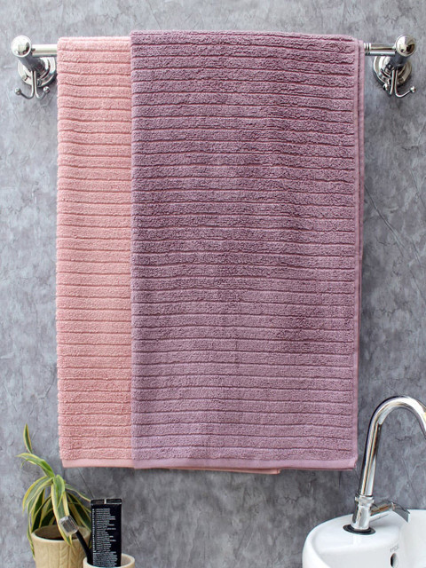 

AVI Living Unisex Set Of 2 Striped 400 GSM Cotton Quick-Dry Bath Towels, Pink
