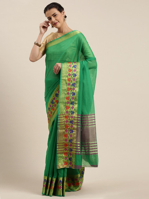 

Mitera Green Silk Cotton Woven Design Chanderi Saree