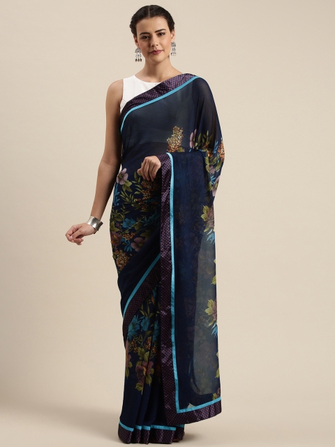 

Mitera Navy Blue & Green Poly Georgette Floral Printed Saree