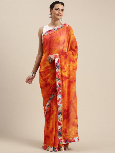 

Mitera Orange & Yellow Poly Georgette Abstract Printed Saree