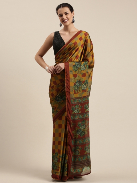 

Mitera Mustard Yellow & Maroon Poly Chiffon Geometric Printed Saree
