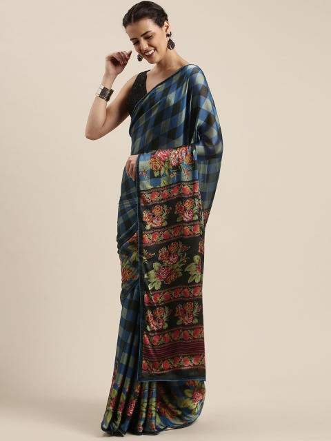 

Mitera Navy Blue & Grey Poly Chiffon Checked Saree