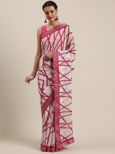

Mitera White & Pink Poly Georgette Printed Saree