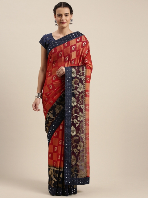 

Mitera Red & Golden Brasso Printed Saree with Mirror Work
