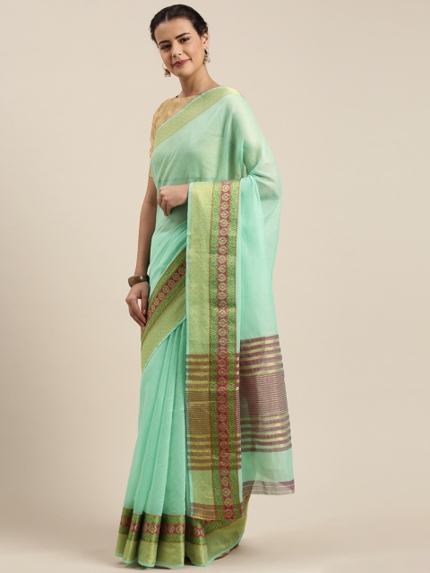 

Mitera Turquoise Blue Silk Cotton Solid Chanderi Saree