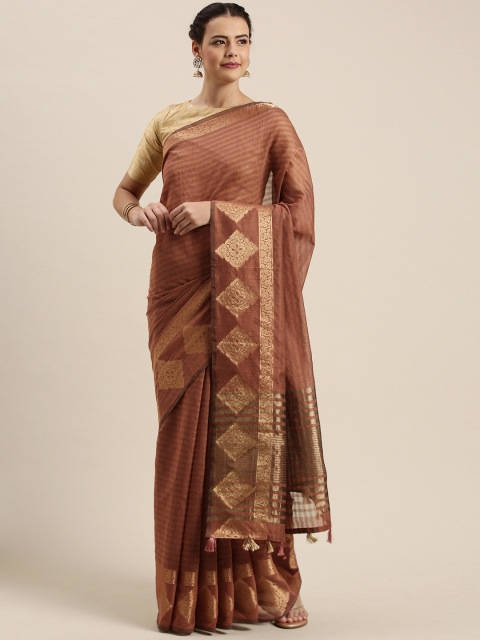 

Mitera Rust & Cream-Coloured Silk Cotton Striped Chanderi Saree
