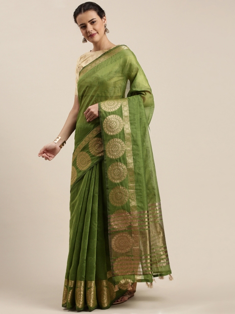 

Mitera Olive Green Silk Cotton Woven Design Chanderi Saree