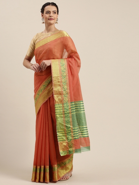 

Mitera Peach-Coloured & Gold-Toned Silk Cotton Woven Design Chanderi Saree