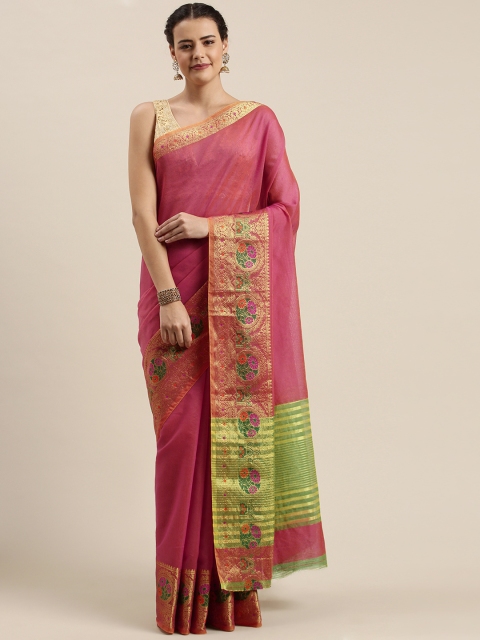 

Mitera Pink Silk Cotton Solid Chanderi Saree