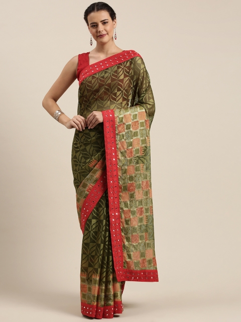 

Mitera Olive Green Printed Brasso Saree