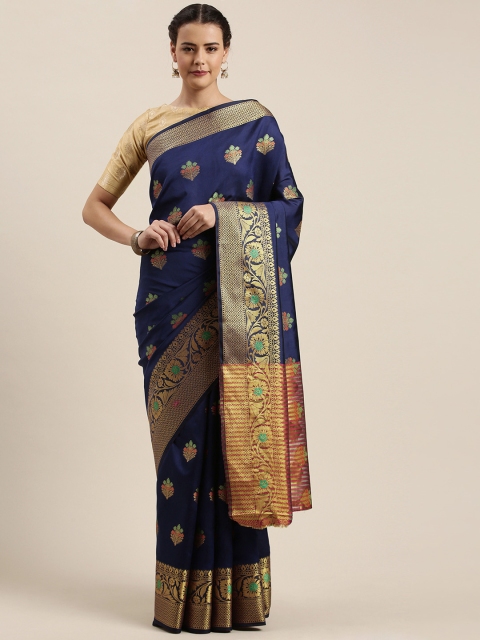 

Mitera Navy Blue Silk Cotton Woven Design Chanderi Saree