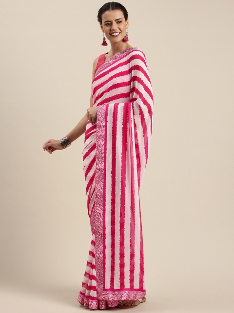 

Mitera Pink & White Poly Georgette Striped Saree