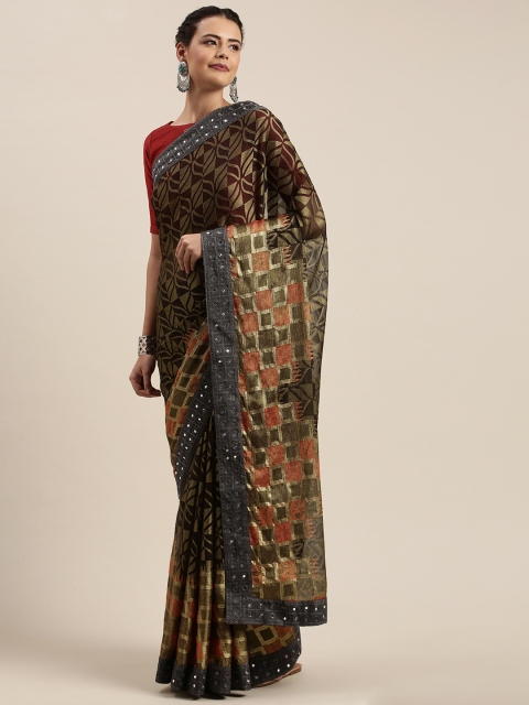 

Mitera Brown & Golden Brasso Printed Saree with Mirror Work