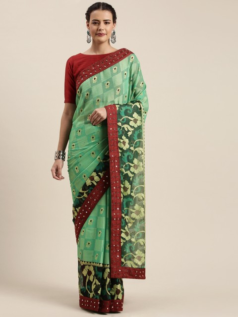 

Mitera Sea Green & Golden Brasso Printed Saree with Mirror Work
